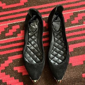 Elegant Brian Atwood black suede flats with gold tipped toes